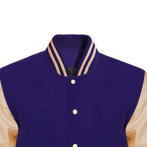 Men's <b>Purple</b> <b>Varsity</b> <b>Jacket</b> With Beige Leather Sleeves Turn-down Collar Button Closure Preppy Style Autumn Wear - Product Image 3