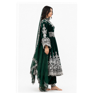 Traditional Indian Pakistani Women's Green Velvet Floor Length <b>Wedding</b> Ethnic Wear <b>Silver</b> Embroidery Afghan Kuchi <b>Dress</b> - Product Image 3