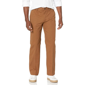 Pantalones de Algodón para Hombre, Corte Recto, Color Marrón, Cintura Media, Casuales, Antiarrugas, Frente Plano, Estilo Otoñal - Product Image 1