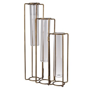 Industrial Brass Tabletop <b>Vase</b> Set With Glass Cylinder Holders For Water Decor For Home Decor - Product Image 3