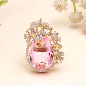 Bague en quartz rose plaqué or et argent avec CZ, bague florale à motif de paon, bijoux indiens traditionnels - Product Image 3