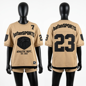 Maillot de football en coton éponge premium 320 GSM beige et noir avec logo 3D en silicone thermocollé pour femme - Product Image 1