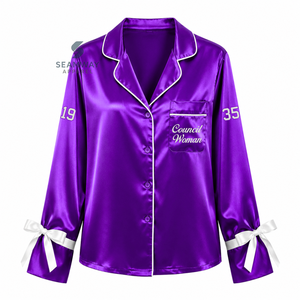 NCNW Sorority Women's Satin Pajama <b>Set</b> Long Sleeve Button-Up Embroidered Two <b>Piece</b> Sleepwear Purple With <b>White</b> Trim Lounge <b>Set</b> - Product Image 2