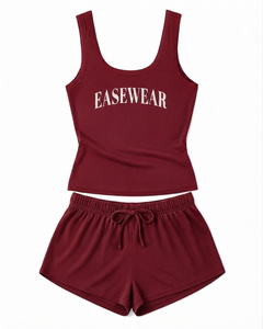 Conjunto de Dos Piezas para Mujer Easewear, Top y Pantalones Cortos, Color Granate, Acanalado, Sin Mangas, Casual, para Todas las Temporadas - Product Image 1
