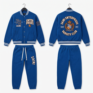 Mens Varsity Tracksuit 380 GSM Cotton Polyester Fleece Royal Blue White Ribbed Custom Chenille <b>Embroidery</b> Screen Print Logo - Product Image 1