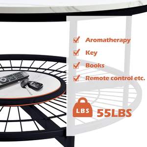 Mesa de Centro Redonda para Sala de Estar, Diseño Moderno en Forma de Sol con Almacenamiento Abierto, Tapa de Madera y Mármol, Estructura Metálica Resistente, Blanco y Negro - Product Image 4