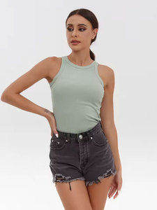 Women Solid O-Neck Ribbed Tank <b>Top</b> Casual Sleeveless Crop <b>Top</b> Breathable Knitted Cotton Spandex Front Logo - Product Image 1