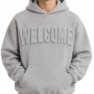 Sudadera con Capucha Gris para Hombre al por Mayor, con Estampado de Letras en Relieve 'Welcome', Estilo Casual Oversize, Pullover, Ropa Urbana - Product Image 2