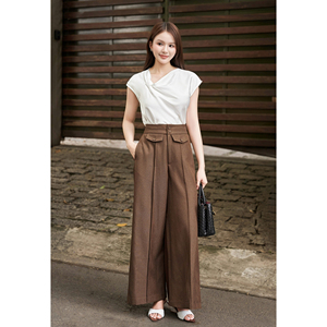 กางเกงขายาวทรงตรงเอวสูงสีน้ำตาลสำหรับผู้หญิง สไตล์ลำลองสำหรับใส่ทำงาน แต่งกระเป๋าแบบมีฝาปิด ผ้าวอร์สเตด เหมาะสำหรับฤดูใบไม้ร่วง - Product Image 1