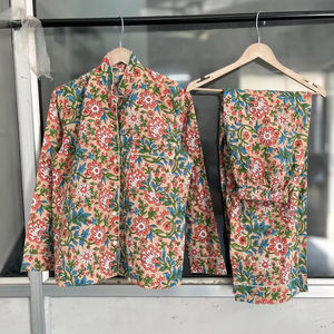 Conjunto de Pijama de Algodón Estampado a Mano para Mujer, Ropa de Dormir Étnica India, Ligera y Transpirable, Conjunto de 2 Piezas - Product Image 1