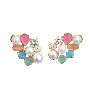 Boucles d'oreilles pendantes en laiton tendance, exportation, zircon, pierre organique, plaqué rhodium, motif unique de créateur, prêt à être expédié - Product Image 5