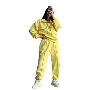 Conjunto Deportivo Casual Amarillo para Mujer, Sudadera con Cierre de Media Cremallera, Pantalones Largos, Color Sólido, Corte Holgado, Manga Larga, Ropa de Primavera - Product Image 1