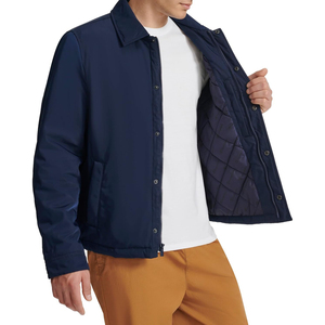 Men's Navy Blue Canvas <b>Coach</b> Jacket With Zipper Closure And Button Front Windproof Casual Outerwear Regular Fit Turn-down Collar - Product Image 1