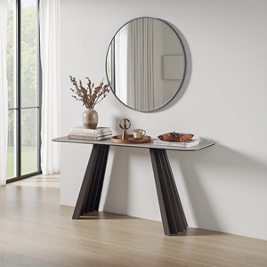 Modern Rectangular <b>Wood</b> <b>Top</b> Dining <b>Table</b> with Luxury Pleated Metal Base for Villa & Office Spaces - Product Image 2