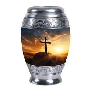 Urne funéraire artisanale en argent gravé avec un crucifix sacré pour les cendres humaines - Urne commémorative chrétienne texturée blanche - Product Image 4