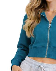 Womens <b>Cropped</b> <b>Zip</b> <b>Up</b> Hoodie Long Sleeve Casual Sweatshirt Soft Fleece Streetwear Teal Blue Color Autumn Winter Fashion Wear - Product Image 6