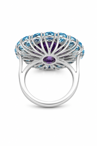 Bague de cocktail ovale en améthyste et topaze bleue, en argent sterling 925 plaqué rhodium, sertie à griffes, de luxe, pour femme, pour mariage et soirée - Product Image 3