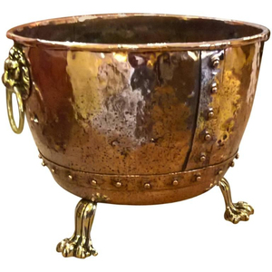 Conteneur elliptique vintage en cuivre martelé avec poignées en tête de lion et pieds à griffes, bac à bois en cuivre, jardinière antique - Product Image 6