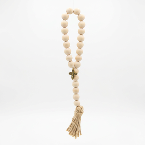 Handmade Wood Bead Garland with Jute Tassel and Cross, Farmhouse Boho Prayer Beads for Wall Hanging and <b>Tiered</b> <b>Tray</b> Decor - Product Image 1