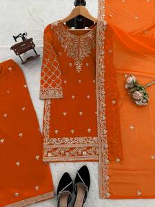 Orange Embroidered Salwar Kameez Set Women Ethnic <b>Dress</b> Pakistani Style Party Wedding Outfit - Product Image 6