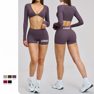 Conjunto Deportivo de Dos Piezas para Mujer, Pantalones Cortos de Cintura Alta, Top Corto de Manga Larga, Color Sólido, Ropa Deportiva Activa, Transpirable, Tejido de Punto, para Yoga - Product Image 3