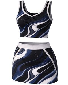 Ensemble jupe deux pièces personnalisé pour femme, noir et bleu marine, imprimé marbré, crop top sans manches, mini-jupe taille haute, tenue douce et extensible - Product Image 1