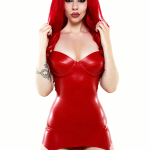 Red <b>Latex</b> Corset Dress With Garters And Fishnet Stockings Sexy Bodysuit - Product Image 2