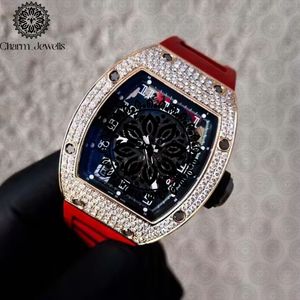 Charm Jewells Luxury Men's Stainless Steel Watch 40mm Case Diamond Encrusted <b>Red</b> Rubber Band Mechanical Movement 10 Bar Water - Product Image 5