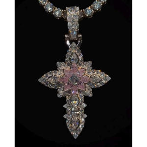 Pendentif Croix de Luxe en Moissanite et Diamant, Argent Sterling 925, Centre Fleur Rose, Bijou Tendance Sertie de Pierres - Product Image 1