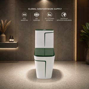 Inodoro Moderno y Elegante de Una Pieza, Color Blanco con Franja Verde, Taza Alargada, Descarga por Arrastre, Montaje Empotrado - Product Image 6