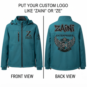 Veste softshell pour homme, 300 GSM, tissu extensible en polyester bleu turquoise de qualité supérieure, panneau noir, logo brodé personnalisé, vêtements de plein air - Product Image 1