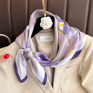 Purple Luxury Floral Print 70cm Silk Square Scarf Women Soft <b>Satin</b> Hairband Hands Bag Ribbons Foulard Neckerchief <b>Headband</b> Hijab - Product Image 2