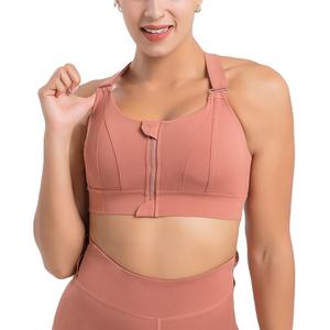 Women's Plus Size Pink <b>Zip</b> <b>Front</b> Breathable <b>Sports</b> <b>Bra</b> Spandex/Nylon Light Support Removable Pads High Neck Design for Fitness - Product Image 1