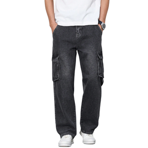 Pantalones Cargo de Mezclilla Gris Carbón para Hombre, Corte Recto Holgado, Multibolsillos, Lavado Enzimático, Transpirables, Estilo Casual, para Verano - Product Image 1