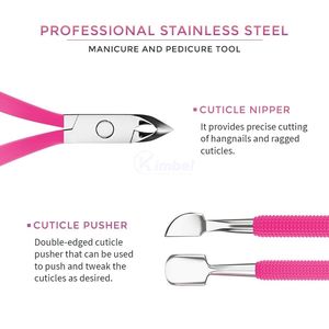 Cortacutículas con mango recubierto de rosa, con empujador y estuche, juego de herramientas de manicura profesionales de acero inoxidable para el cuidado de la belleza - Product Image 2