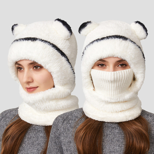 <b>Cute</b> White Faux Fur WindProof Beanie Caps <b>Bear</b> Earflap Hat with Neck Warmer 100% Polyester Chains for Unisex Winter Outdoor Wear - Product Image 1