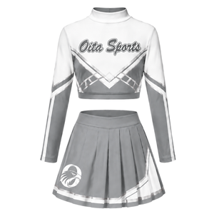 Ensemble uniforme de cheerleading gris et blanc sublimé à manches longues avec jupe plissée – Tenue de sport d'équipe pour entraînement et performance – Personnalisable - Product Image 2