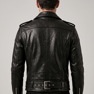Veste de motard en similicuir noir pour homme, double boutonnage, fermeture éclair, ceinture, style motard, coupe ajustée, manches longues - Product Image 2