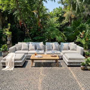 Outdoor White Rattan Woven Sectional Sofa Set Mahogany Wood Frame Wicker Furniture Cushion Ottoman Coffee Table Setup Art - Product Image 3