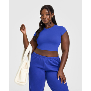 Conjunto Deportivo Casual de Verano para Mujer, Top Corto de Punto Azul con Pantalones a Juego, Transpirable, de Color Sólido - Product Image 6