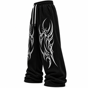 Pantalon décontracté unisexe en toile noire respirante et écologique pour homme et femme, coupe large, taille élastique avec cordon de serrage et strass, idéal pour l'automne - Product Image 2