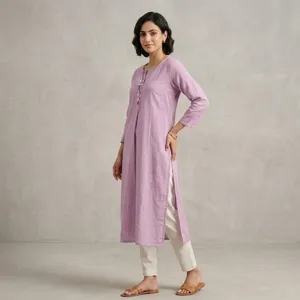 Kurti long en coton et lin lavande pour femme, col rond, manches trois quarts, coupe droite, encolure brodée, tenue ethnique décontractée - Product Image 6