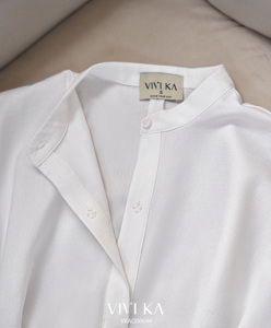 Blusa de Lino Blanca Casual para Mujer con Cuello Mandarín, Manga Corta con Botones, Estilo Peplum, Transpirable, Primavera-Verano, Estilo Minimalista VENUS - Product Image 5
