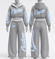 Survêtements en tissu 100% coton imprimés avec des motifs personnalisés, nouveau look vintage, sweat à capuche zippé court avec pantalon évasé, ensemble deux pièces
