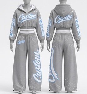 Survêtements en tissu 100% coton imprimés avec des motifs personnalisés, nouveau look vintage, sweat à capuche zippé court avec pantalon évasé, ensemble deux pièces - Product Image 6