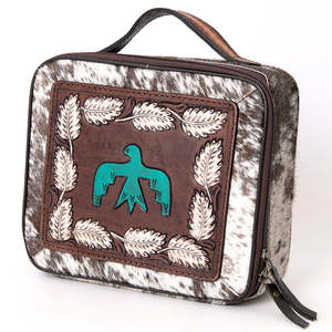 Ethnic Genuine Leather Jewelry Case with Cowhide Pattern and Turquoise Bird Design Zipper Closure Durable Storage <b>Box</b> - Product Image 3
