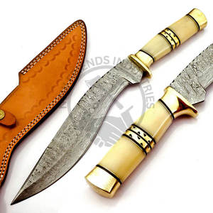 Couteau de chasse artisanal pour l'extérieur, manche en os de chameau exotique et laiton, lame en acier Damas ultra-affûtée, couteau de survie avec étui - Product Image 2