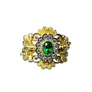 22k Solid Gold Green Gemstone <b>Ring</b> for Women <b>Indian</b> Temple Jewelry Floral Filigree Authentic Yellow Gold Wedding Band - Product Image 1