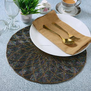 High Quality Handmade Embroidered Cloth Table <b>Chair</b> <b>Pads</b> Unique Leaf Design Glass Beads Luxury Style Placemat/Mat Available - Product Image 3