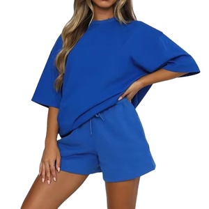 Conjunto de 2 Piezas de Shorts de Punto Azul Claro para Mujer, Cuello Redondo, Manga Corta, Corte Holgado, Casual, Primavera Verano, Color Sólido, con Bolsillo - Product Image 1